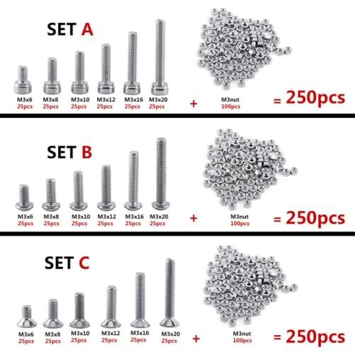 250pc/set A2 Stainless Steel M3 Cap/Button/Flat Head Screws Sets Hex Socket Bolt With Hex Nuts Assortment Kit Mayitr