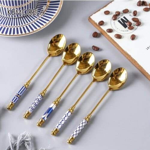 4PCSStainless Steel Gold Plated Coffee Spoon Ice Cream Dessert tableware Ceramic Handle Soup Spoon Tableware Kitchen Accessories