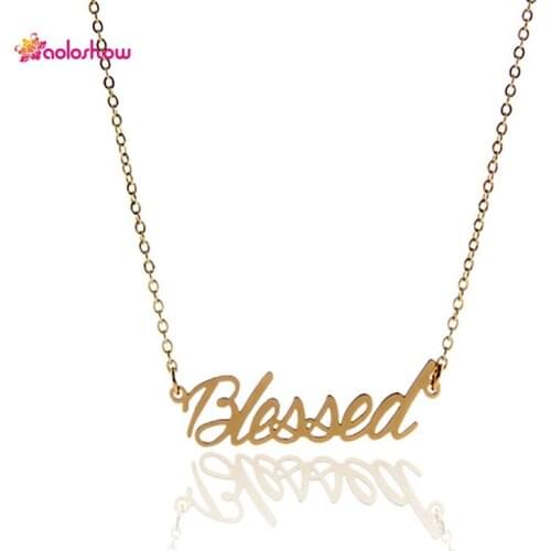 AOLOSHOW Script Letters Name Necklace for Women " Blessed " Gold Color Stainless Steel Nameplate Statement Necklace NL-2415