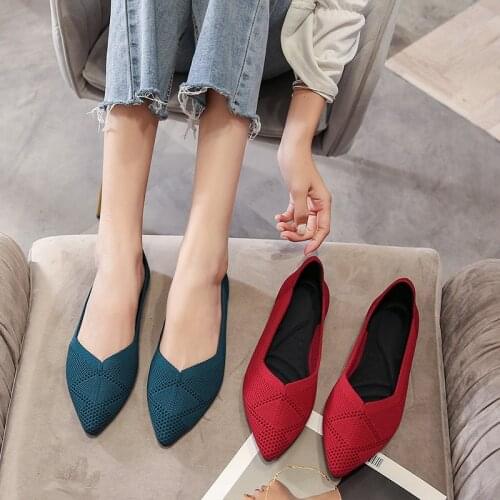 2021 Womens Flat Shoes Womens Soft Breathable Knit Moccasin Mixed Color Pointed Toe Ballet Shoes Ballet Mujer Zapatos De 33-43
