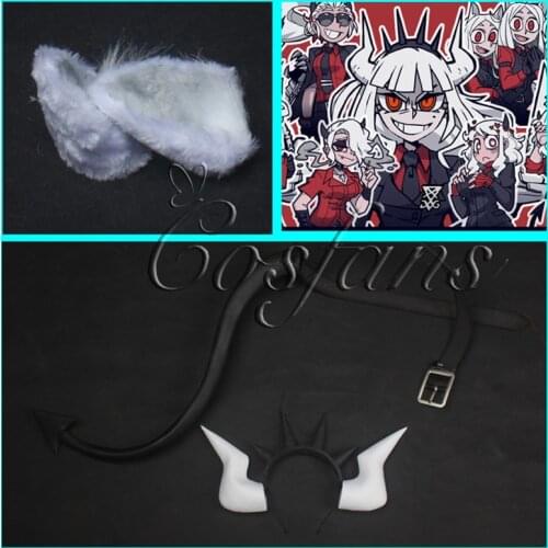 Game Helltaker Lucifer Beelzebub Cosplay horns tail Helltaker the awesome demon Cerberus Lucifer Satan Zdrada Cosplay Wig Props