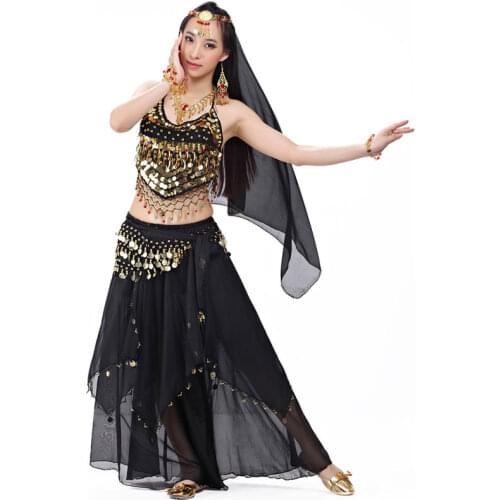 Indian Costume Set 5-pieces Belly Dance Veil Top Coins Hip Scarf Skirt Bollywood Dance Costume