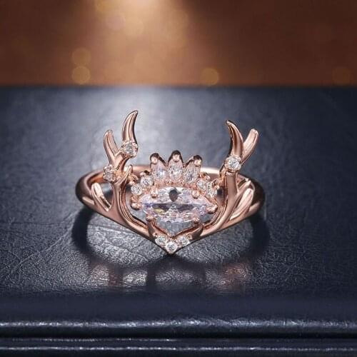 Womens Cute Elk Antlers Gorgeous Rose Gold Bridal Marriage Rings Brilliant Crystal CZ Engagement Wedding Trend Female Jewelry