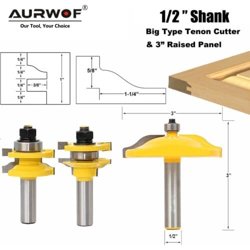 12MM 1/2" Shank 3pcs Large Rail & Stile Ogee Blade Cutter 3" Panel Cabinet Router Bit Set Door Tenon Knife for Wood Tools 03133