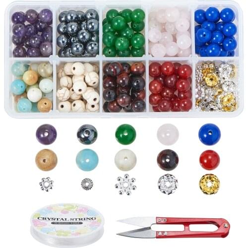 DIY Jewelry Stretch Bracelets Making Kits With Natural Stone Round Beads Stainless Steel Scissors Thread and Spacer Beads