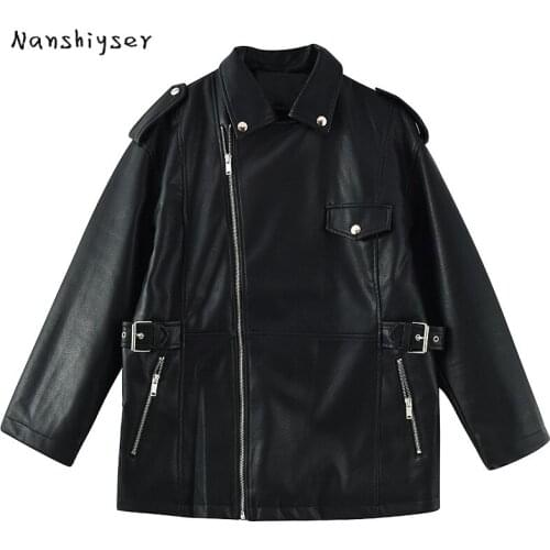 Autumn Oversize Women Handsome Black Washed Faux PU Leather Jacket Loose Vintage Leather Motorcycle Casual Plus size Fashion New