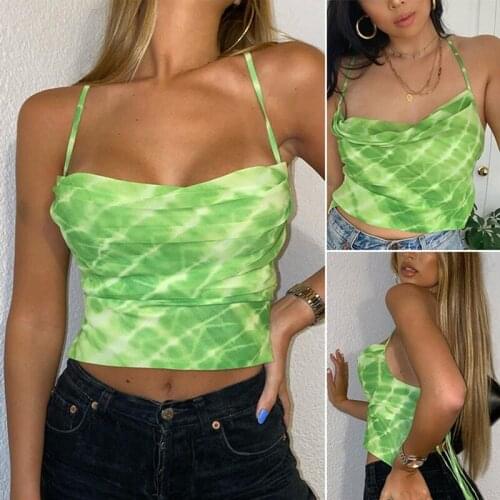 Sexy Womens Tops Summer Neon Green Tie Dye Halter Backless Crop Top Women Clubwear Cami Tank Tops