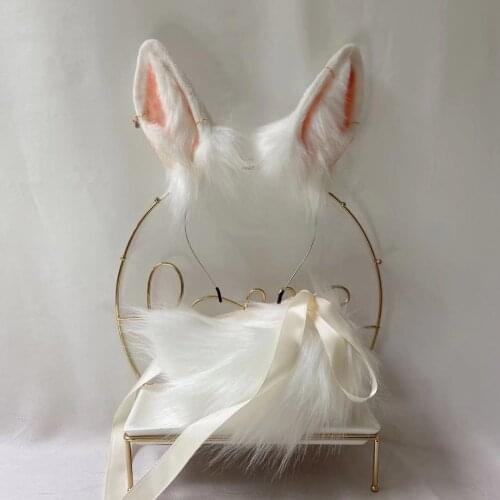 White Moon Rabbit Bunny Ears Tails Kitty Wolf Cat Fox Cosplay Lolita KC Headwear Synthetic Fur Long Thick Headband