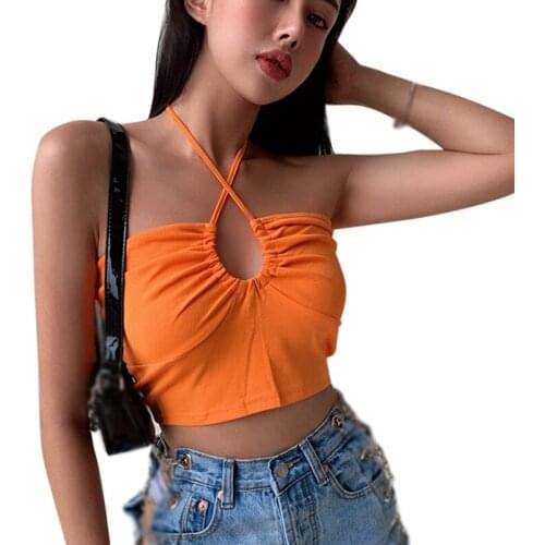 Hanging Neck And Bra Sexy Open Navel Knitted Summer Mini Suspender Vest Top Lady Sleeveless Tanks