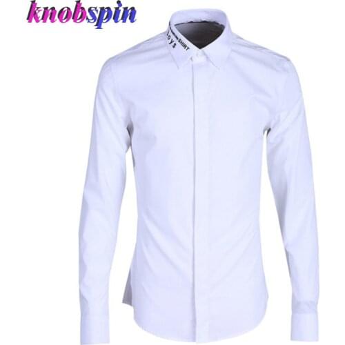 Slim Shirt men Casual long sleeve Solid Mens clothing Elegant Letters Embroidery collar Cotton Shirts Plus size camisas male