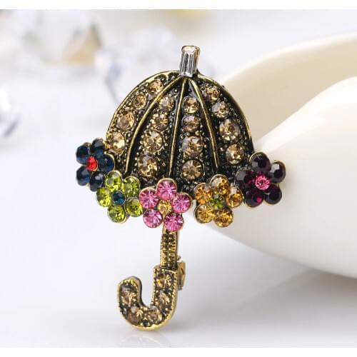 Gold-color Vintage Flower Sweet Umbrella Brooches Women Girl Brooch Pins Fashion Jewelry Wedding Accessories Decoration