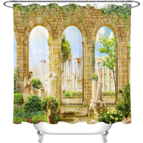 Greece Pillars Statue Ivy Flower Shower Curtain Landscape Bathroom Waterproof Washable Polyester Fabric for Art Bathtub Decor