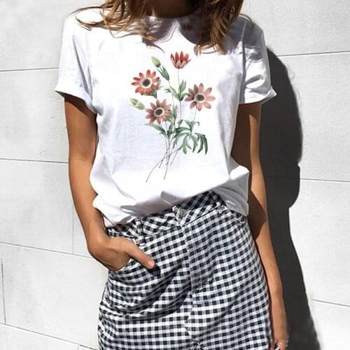 Floral Printed Flower T Shirt Oversized Casual Cheap Clothes for Girls Short Sleeve Fashion Graphic Tees Womens White Y2k Tops