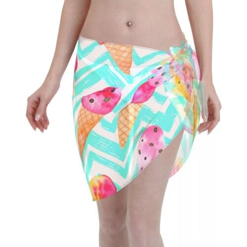 Women Beach Bikini Cover Up Watercolor Ice-creams Wrap Skirt Sarong Scarf Beachwear Bathing Suit Beachwear Swimsuits