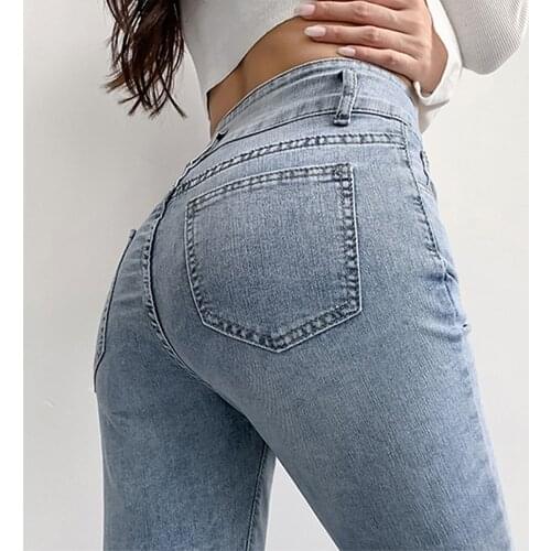 Women Jeans High Waist Slim Jeans Light Blue Korean Fashion Denim Flared Pants Fall 2021 Super Stretchy Vintage Streetwear