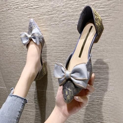 Large Size 40 Shallow Mouth Womens Shoes Spring And Summer New Fashion Pointed Sweet Bow Low-Heeled High Heels