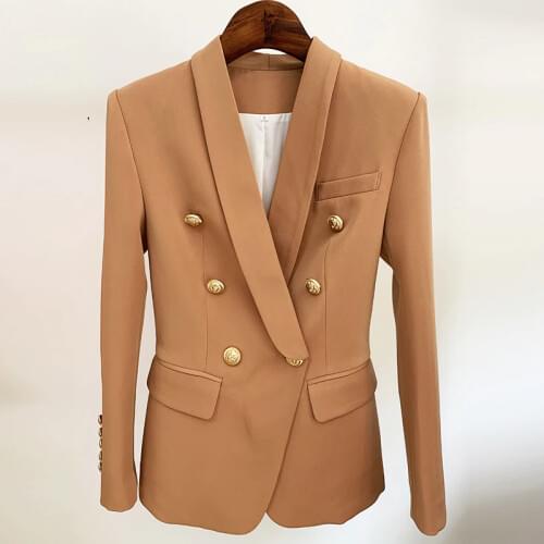 2020 Ladies Brown Blazer Suit Jacket Classic Metal Double Breasted Gold Button Shawl Collar Coffee Womens Blazer High Quality