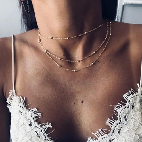 Fashion Tassel Chain Choker Necklace For Women Gold Color Metal Sequins Beads Multilayer Statement Necklace