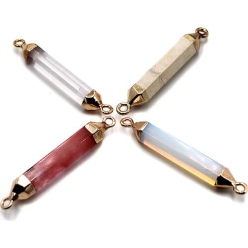 Hexagonal Natural Stone Beads Gold Double Rings Pendant for Necklace Bracelet Connector Purple Crystal Jewellery Finding 1pcs