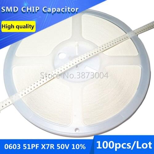 100pcs 0603 51PF X7R 50V 10% SMD Chip Capacitor