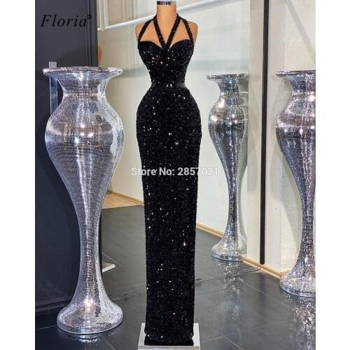 2020 Newest Black Sequins Prom Dresses Mermaid Halter Long Cocktail Dresses Evening Wear Wedding Party Dress Vestidos De Fiesta