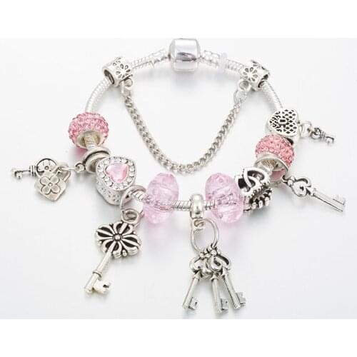 ANNAPAER Silver Plated Beads Key Crystal Heart Charm Bracelet Fits Brand Bracelet For Women DIY Jewelry B19035