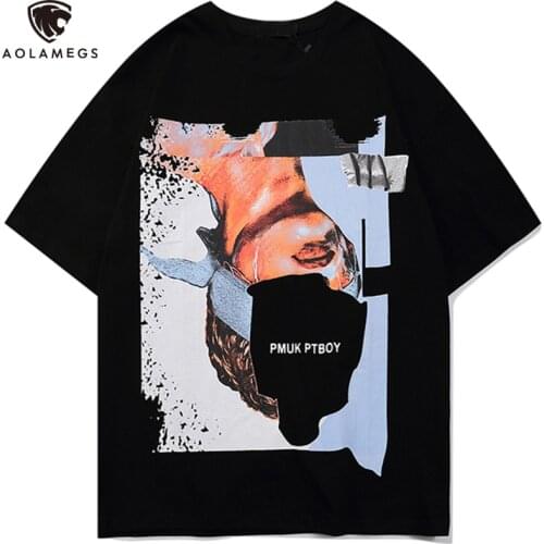 Aolamegs T-shirt Men Retro Esthetics Boy Painting Print Mens Tee Shirts Casual O-neck High Street Tee Fashion Summer Streetwear