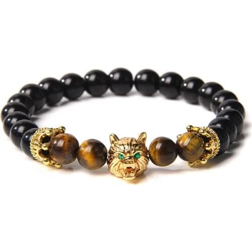 Fashion simple retro wolf head zircon crystal bracelet bright stone tiger eye beaded mens and womens bracelet jewelry