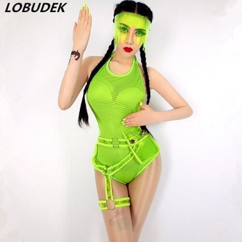 Fluorescent Green Mesh Perspective Backless Bodysuit Bar Nightclub Singer DJ DS Sexy Stage Costume Dance Teams Jazz Dance Outfit