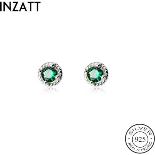 INZATT Real 925 Sterling Silver Green Round Zircon Stud Earrings For Fashion Woman Party Fine Jewelry Bohemian Accessories Gift
