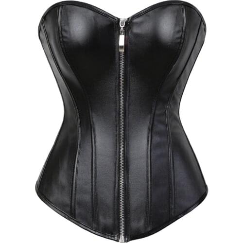 Overbust Corsets Sexy Zip Front Plus Size Womens Bustier and Corset Lingerie Tops Faux Leather Steampunk Fashion S-6XL