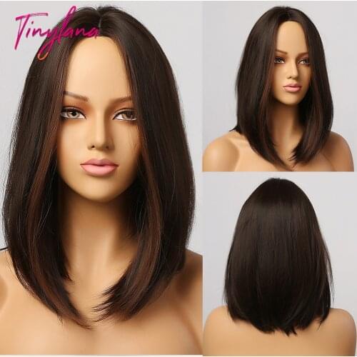 TINY LANA Dark Brown Medium Middle Part Synthetic Hair Wigs Hairline Part Lace Front Wigs for Black Women Heat Resistant Natural
