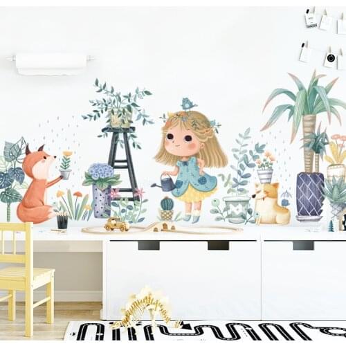 BRUP Cartoon Girl Fox Bonsai Plants Garden Wall Stickers Removable Wall Decals Living Room Bedroom Home Decor Decorative Sticker