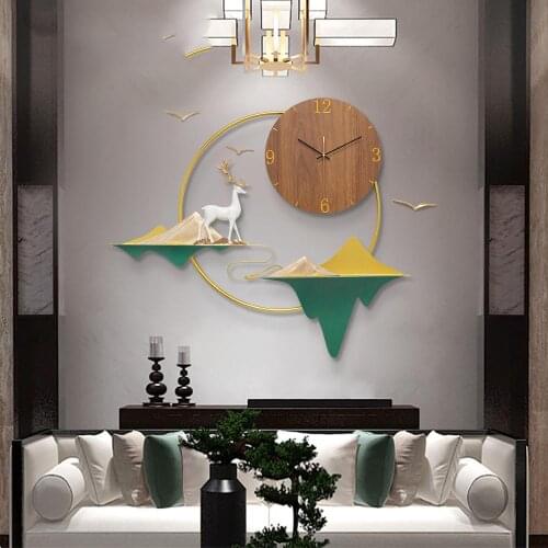 New Chinese Resin Deer Landscape Wooden Dial Metal Ring Wall Clock Wall Mural Crafts Home Livingroom Wall Hanging Decoration Art