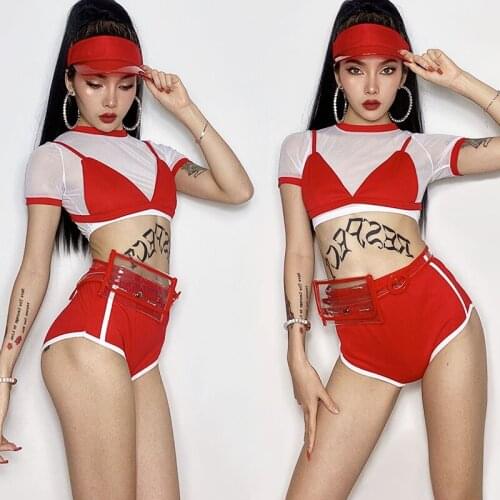 Bar Club Gogo Clothing Mesh See Through Red Bikini Suit Nightclub Female Dancer Group Performance Pole Dance Clothes DQL5784