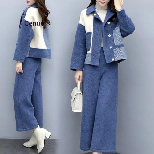 Autumn Winter Woolen Two Piece Sets Outfits Women Plus Size Color-blocked Coat And Wide Leg Pants Suits Elegant Korean Sets 2020