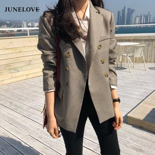 JuneLove Classic Plaid Double Breasted Women Jacket Blazer Notched Collar Female Coat Fashion Houndstooth Office Lady Outwears