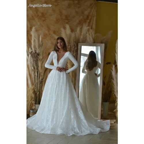 Sexy Backless A Line Wedding Dress Sheer Deep V Neck White Bridal Gowns Long Sleeve 2021 Summer Boho Beach Lace Bride Vestidos