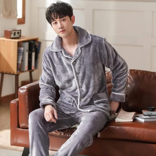 Long Sleeve Pijama Men 2 Pieces Lounge Sleepwear Pyjamas Striped Autumn Winter Bedgown Home Clothes Man PJs Flannel Pajamas Sets