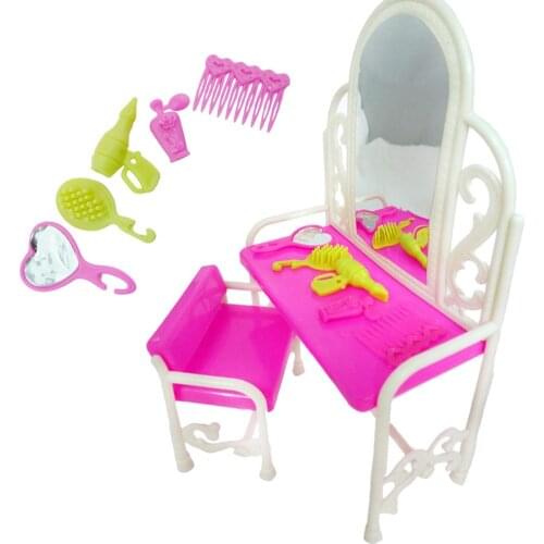 Pink Dressing Table Dollhouse Dresser Set Mirror Table Chair Miniatures Furniture for Barbie Doll Accessories for Blythe Clothes