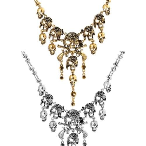 Vintage Bohemia Tassels Gothic Punk Skeleton Skull Necklace Jewelry Personality Exaggerate Statement Necklace