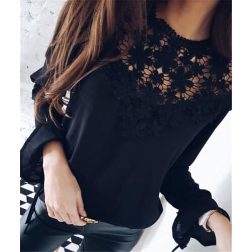 Summer Floral Lace Blouse Women Elegant O Neck Long Sleeve Patchwork Chiffon Office Shirt Ladies Hollow Out Solid Party Tops