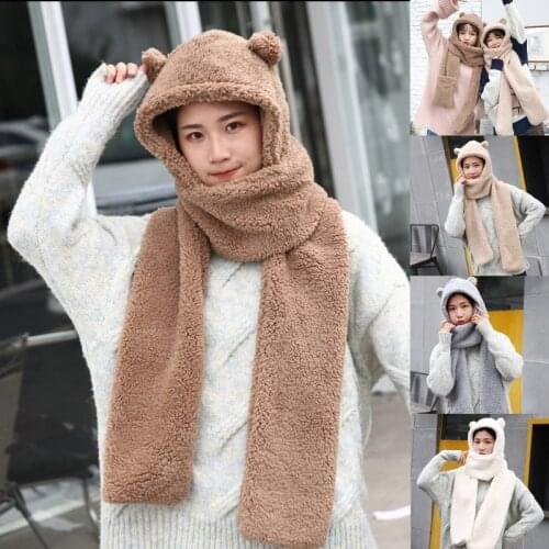 Women Winter Warm Plush One-Piece Hat Scarf Bear Ears Thermal Hooded Earflap Cap Y1QD
