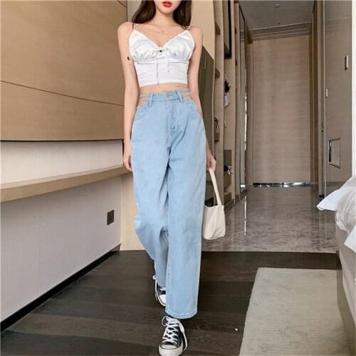 Hollow Womens Jeans 2021 Spring Autumn New High-waisted Light-Colored Fashion Straight Wide-leg Pants Trousers Lady Clothing