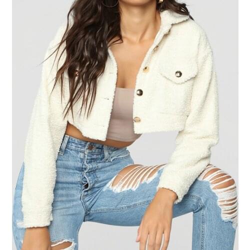 Women Coats Jackets Black Long Sleeve Slim Crop Tops Women Pockets Warm Casual Short Jackets 2021 White Teddy Cozy Autumn Winter