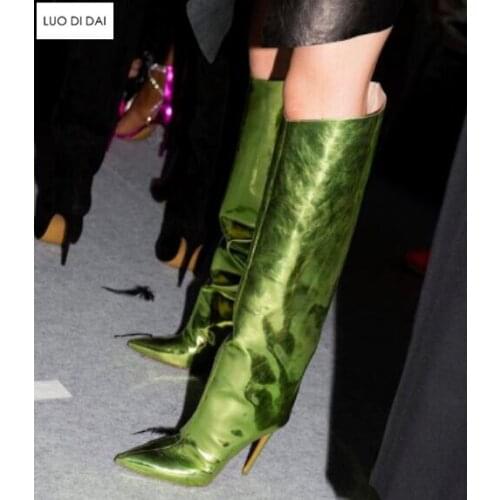 2019 autumn new woman point toe knee high boots patent leather boots women slip on booties bling bling party shoes ladies sexy
