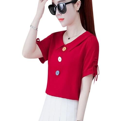 Womens Spring Summer Style Chiffon Blouses Shirt Womens Button Solid Color Short Sleeve Elegant Casual Tops SP071