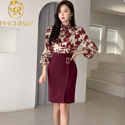 2020 Spring New Fashion Women Skirt Set Floral Print Bow Ladies Two Piece Set And Bodycon Pencil Skirt Suits