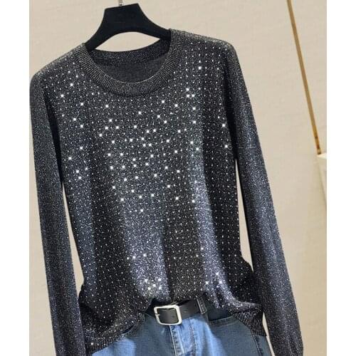 Diamond Shine Beaded Knitted Women Sweater And Pullovers Night Club Style Office Lady O-Neck Elegant Pulls Outwear Tops