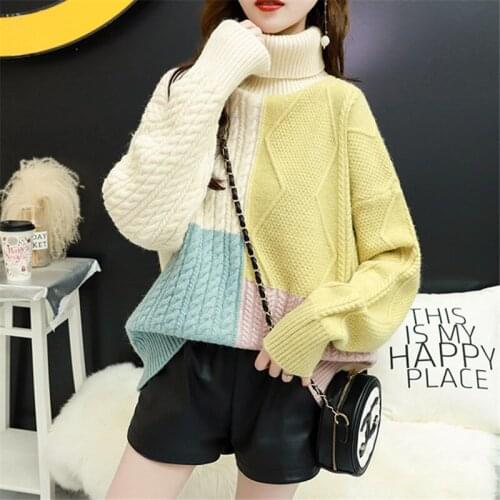 New Autumn Winter Turtleneck knitted Sweater Women Pullovers Loose Warm Jumpers Ladies Long Sleeve Patchwork Tops Female G1359